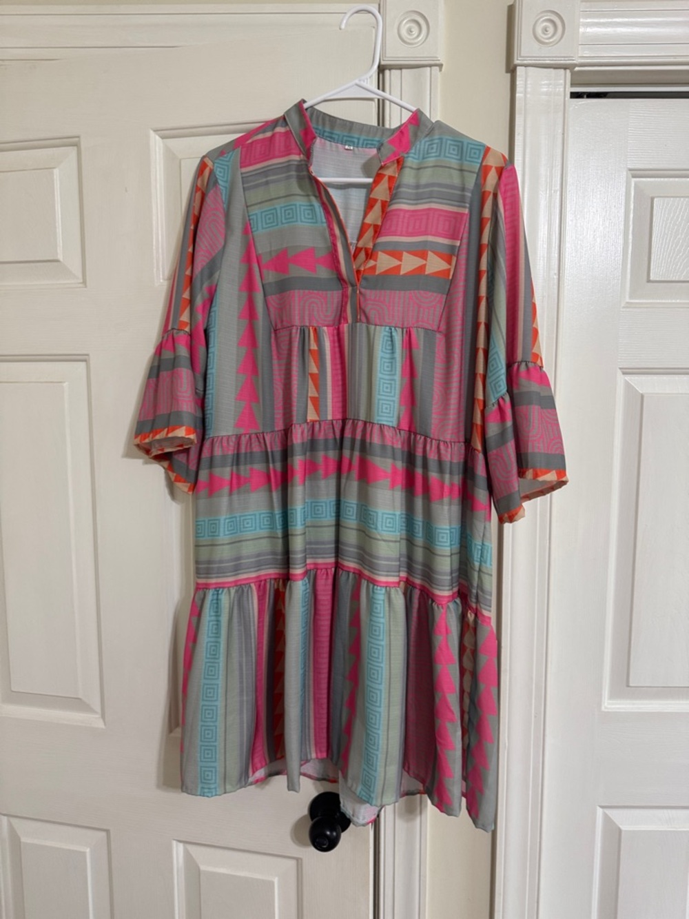 Colorful Geometric Tiered Tunic Dress - Pink, Teal, Gray